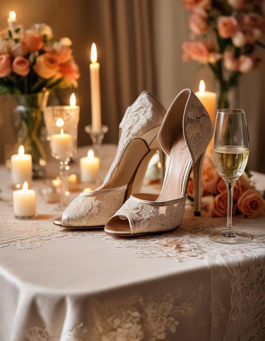 A romantic setting showcasing a stylish collection of chic heels arranged elegantly on a vintage lace tablecloth, with soft candlelight illuminating the scene. Include delicate flowers and a backdrop of a beautifully set dinner table, hinting at both intimate date nights and weddings. The atmosphere should evoke love and sophistication. super-realistic. warm colors. soft focus.
