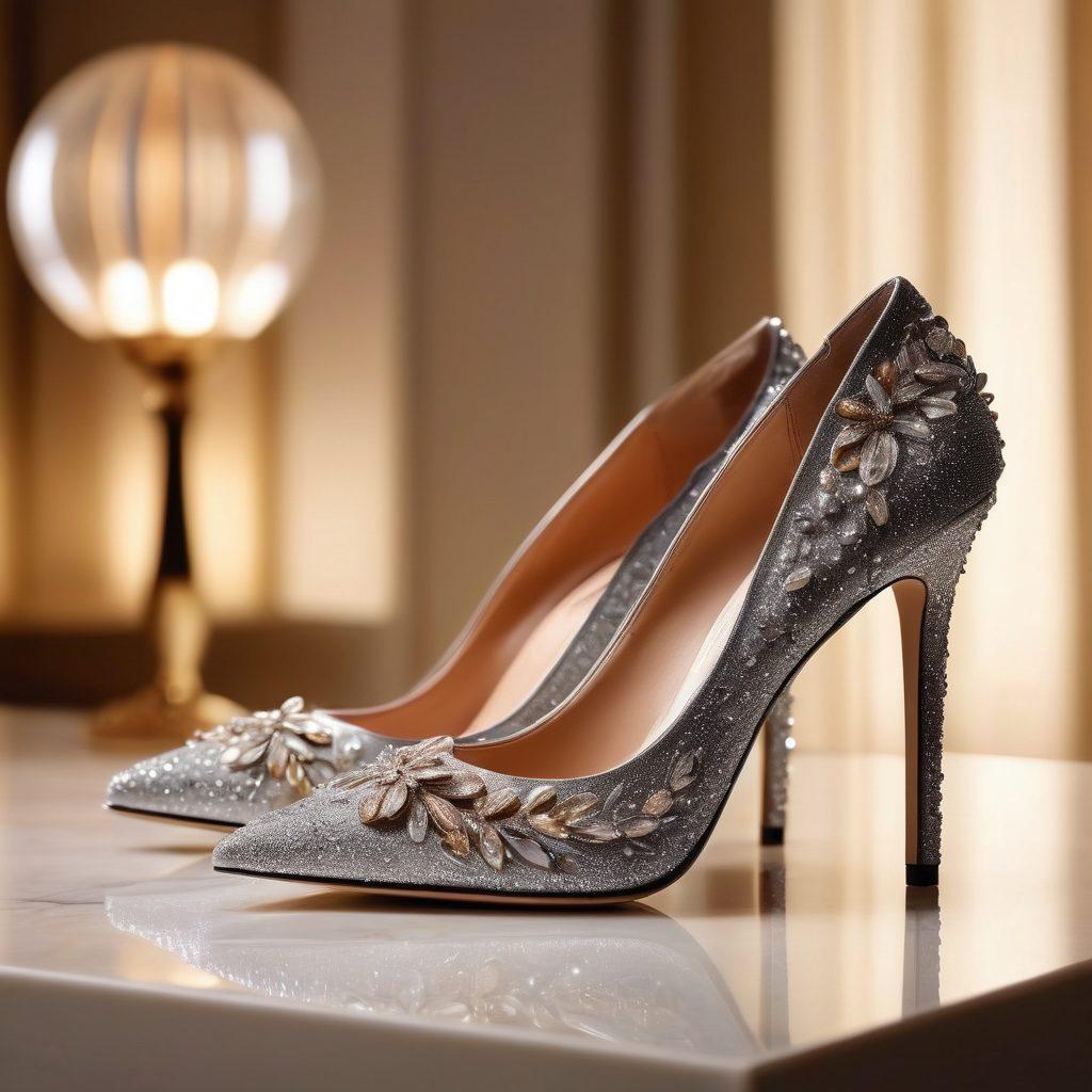 A close-up of elegant luxury stiletto heels adorned with sparkling embellishments, set against a stylish, minimalist backdrop. Include a touch of glamour with soft lighting reflecting off the glossy shoe surfaces. Incorporate subtle fashion accessories like a chic clutch and delicate jewelry in the scene. Create an aura of sophistication and allure to captivate the viewer. super-realistic. vibrant colors. soft focus.