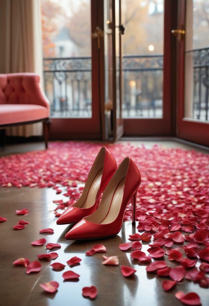 A dreamy boutique setting filled with elegant stiletto heels in various vibrant colors, each pair sparkling under soft, warm lighting. Include romantic elements like delicate rose petals scattered on the floor and a backdrop of a vintage Parisian window, suggesting a romantic atmosphere. Add stylish accessories like chic handbags and jewelry to enhance the fashionable vibe. super-realistic. vibrant colors. soft focus.